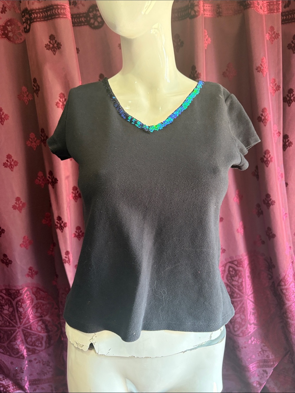 Vintage Black Baby Tee with Iridescent Sequin Collar Accent Size Petite Small